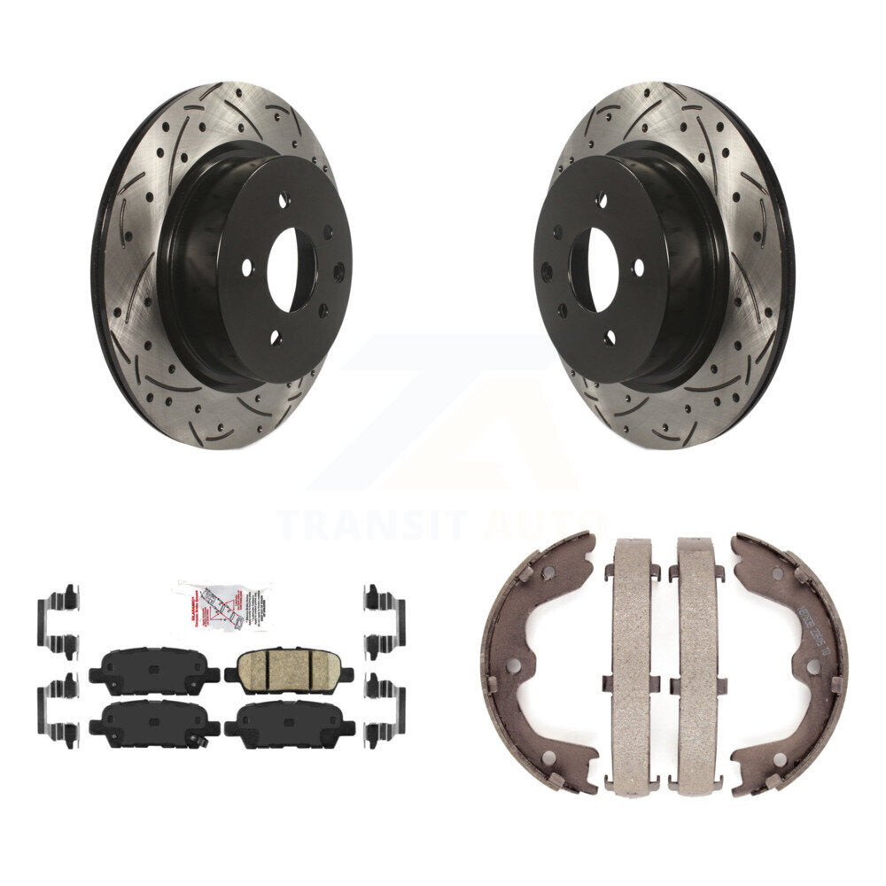 Rear Disc Drilled & Slotted Rotors Ceramic Pads Parking Shoes Kit For INFINITI Nissan G37 KDA-103236