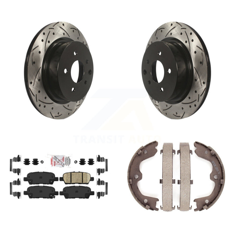 Rear Disc Drilled & Slotted Rotors Ceramic Pads Parking Shoes Kit For INFINITI Nissan G37 KDA-103237