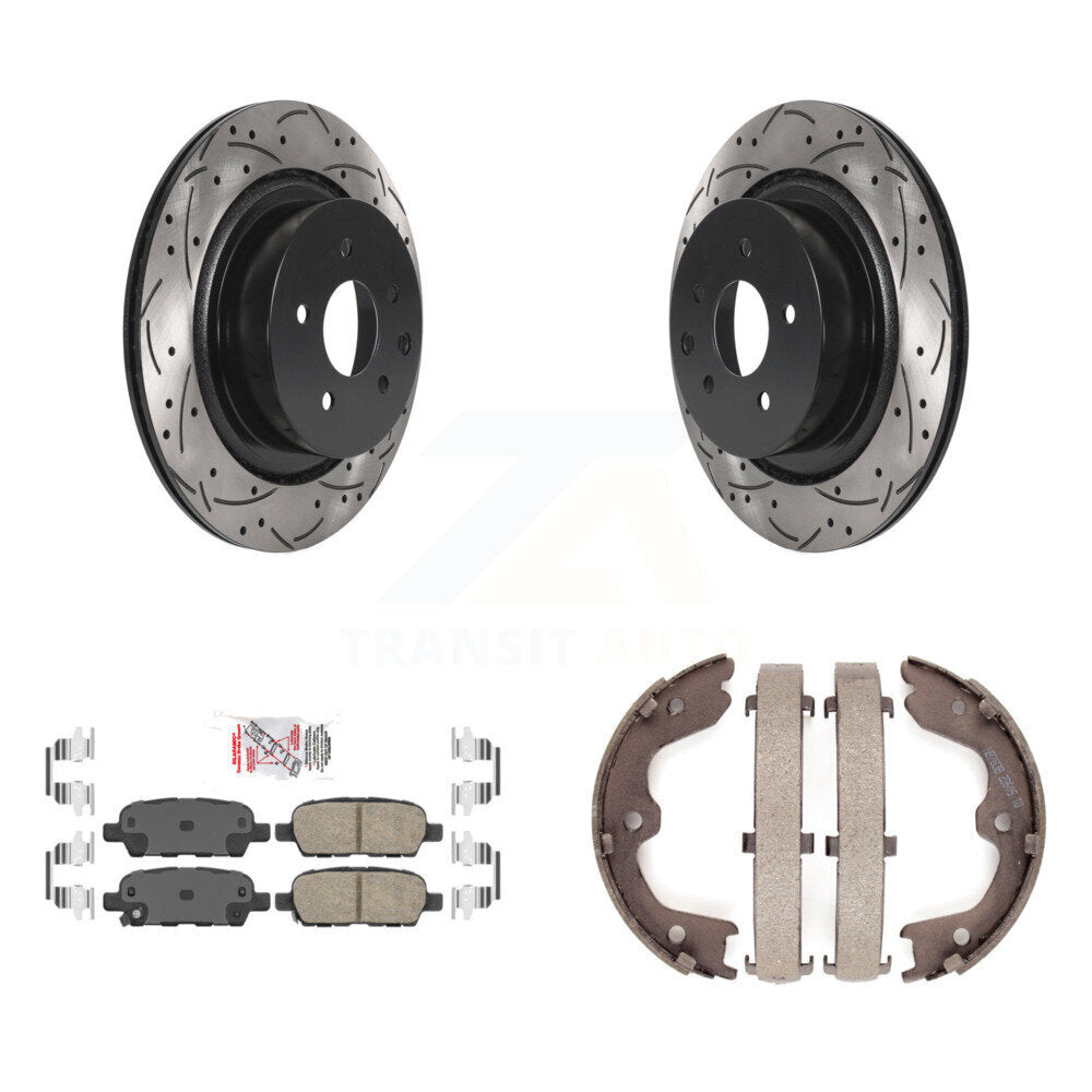 Rear Disc Drilled & Slotted Rotors Ceramic Pads Parking Shoes Kit For INFINITI G37 G35 KDA-103239