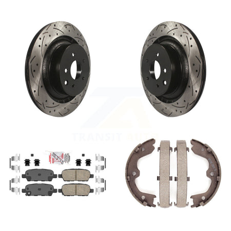 Rear Disc Drilled & Slotted Rotors Ceramic Pads Parking Brake Shoes Kit For INFINITI Q60 KDA-103240