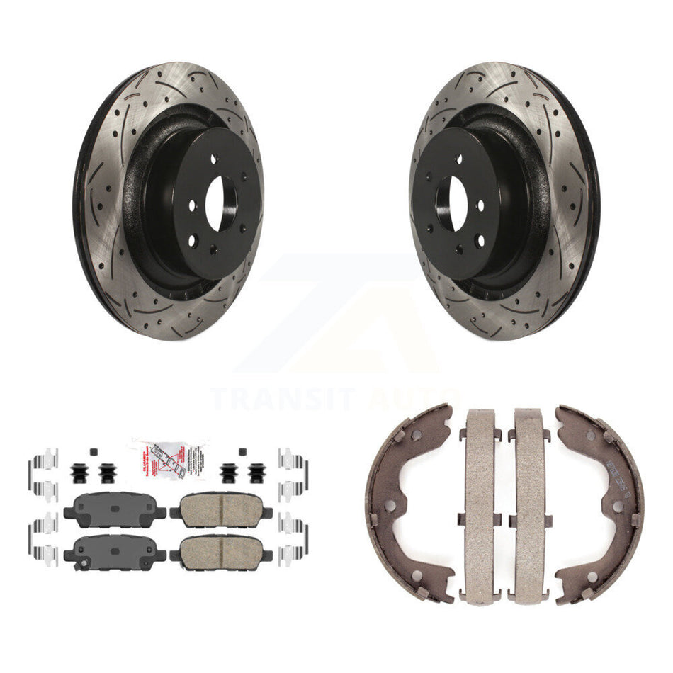 Rear Disc Drilled & Slotted Rotors Ceramic Pads Parking Brake Shoes Kit For INFINITI Q60 KDA-103240