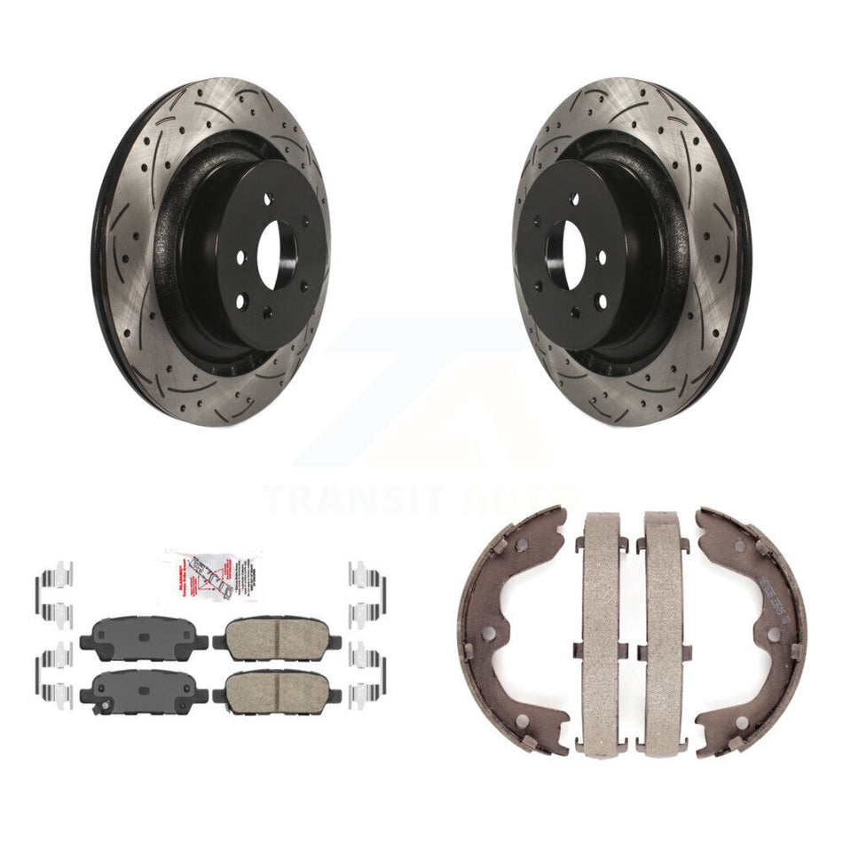 Rear Disc Drilled & Slotted Rotors Ceramic Pads Parking Brake Shoes Kit For INFINITI Q60 KDA-103241
