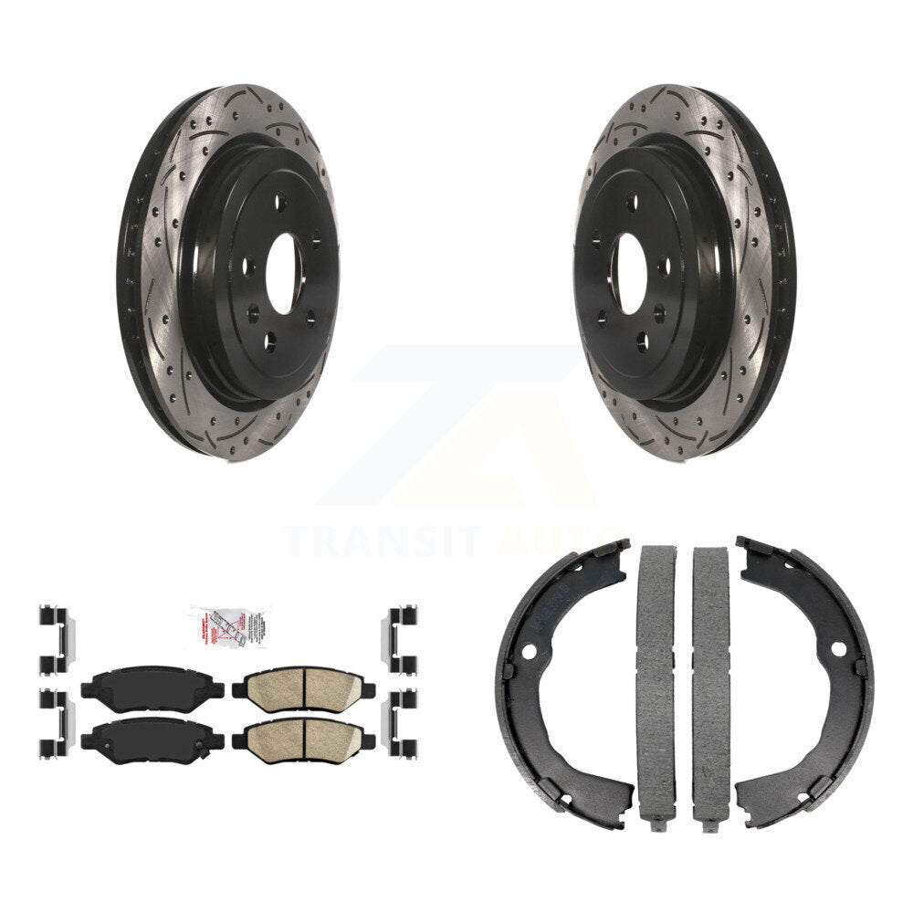 Rear Disc Drilled & Slotted Rotors Ceramic Pads Parking Shoes Kit For Chevrolet Camaro KDA-103247