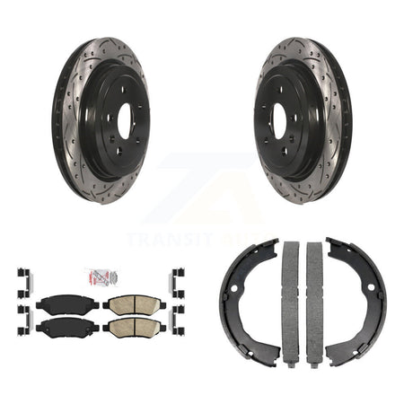 Rear Disc Drilled & Slotted Rotors Ceramic Pads Parking Shoes Kit For Chevrolet Camaro KDA-103247