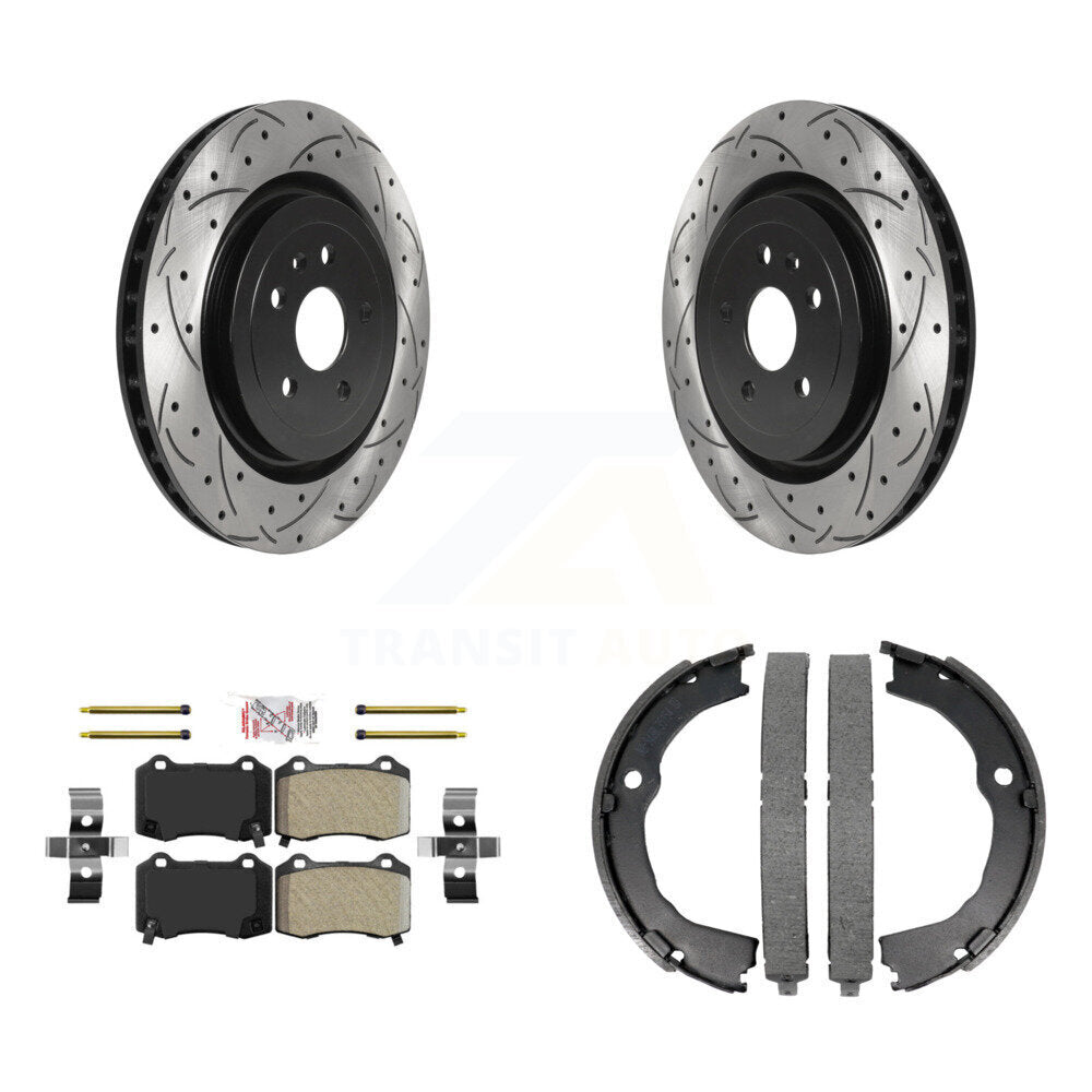 Rear Disc Drilled & Slotted Rotors Semi-Metallic Pads Parking Shoes Kit For Chevrolet CTS KDA-103248