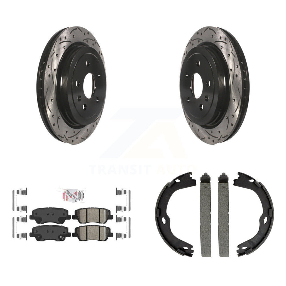 Rear Disc Drilled & Slotted Rotors Ceramic Pads Parking Brake Shoes Kit For Cadillac CTS KDA-103250