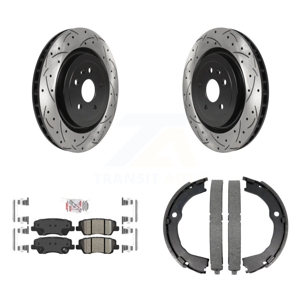 Rear Disc Drilled & Slotted Rotors Ceramic Pads Parking Brake Shoes Kit For Cadillac CTS KDA-103251