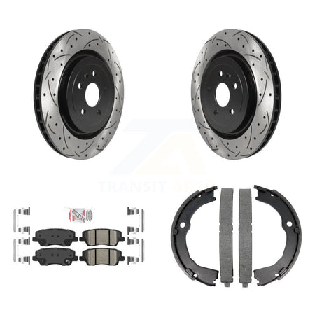 Rear Disc Drilled & Slotted Rotors Ceramic Pads Parking Brake Shoes Kit For Cadillac CTS KDA-103251