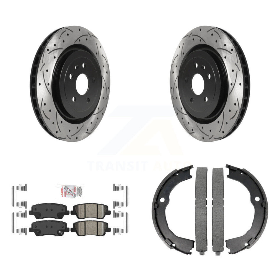Rear Disc Drilled & Slotted Rotors Ceramic Pads Parking Brake Shoes Kit For Cadillac CTS KDA-103251