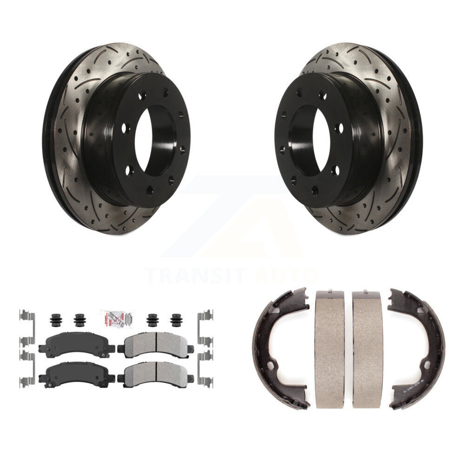 Rear Disc Drilled & Slotted Rotors Semi-Metallic Pads Parking Shoes Kit For Chevrolet GMC KDA-103254