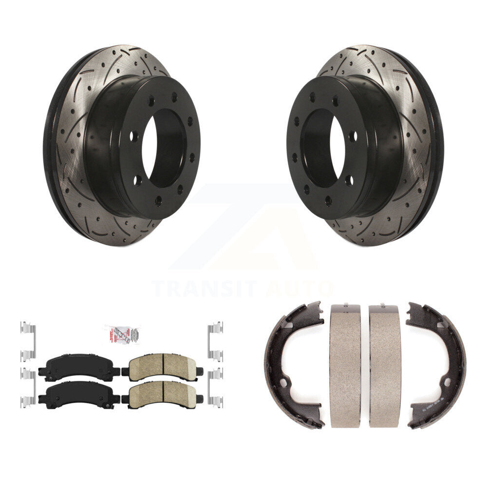 Rear Disc Drilled & Slotted Rotors Ceramic Pads Parking Shoes Kit For Chevrolet GMC 2500 KDA-103255