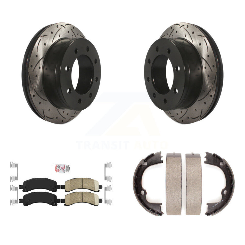 Rear Disc Drilled & Slotted Rotors Ceramic Pads Parking Shoes Kit For Chevrolet GMC 2500 KDA-103255