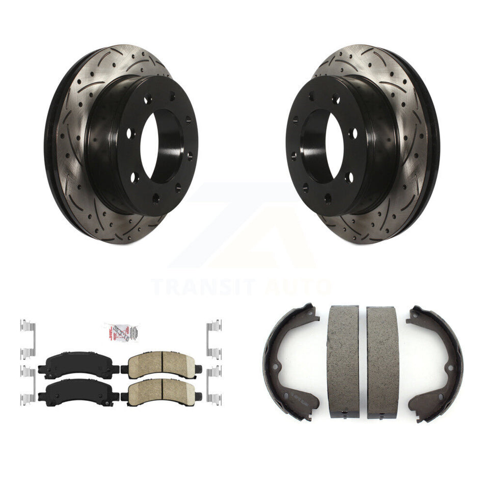 Rear Disc Drilled & Slotted Rotors Ceramic Pads And Parking Shoes Kit For GMC Savana 3500 KDA-103257