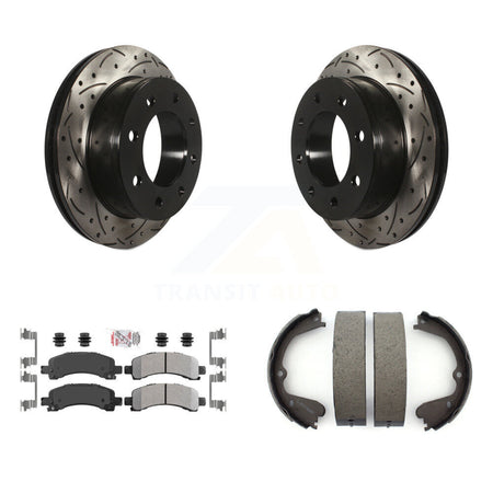 Rear Disc Drilled & Slotted Rotors Semi-Metallic Pads And Parking Brake Shoes Kit For KDA-103258