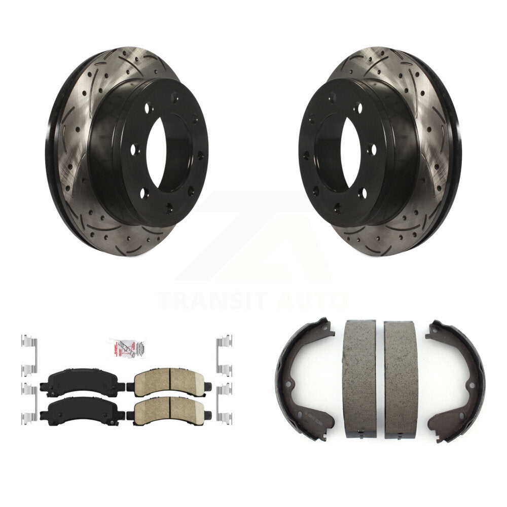 Rear Disc Drilled & Slotted Rotors Ceramic Pads And Parking Shoes Kit For GMC Savana 3500 KDA-103259