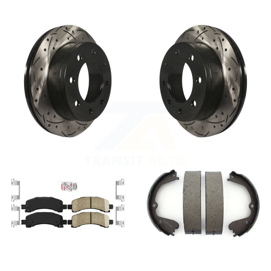Rear Disc Drilled & Slotted Rotors Ceramic Pads And Parking Shoes Kit For GMC Savana 3500 KDA-103259