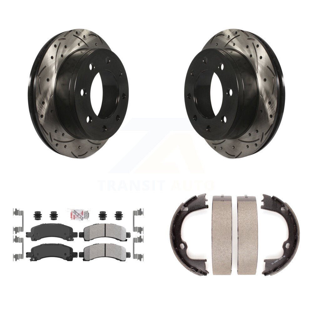 Rear Disc Drilled & Slotted Rotors Semi-Metallic Pads Parking Shoes Kit For Chevrolet GMC KDA-103264