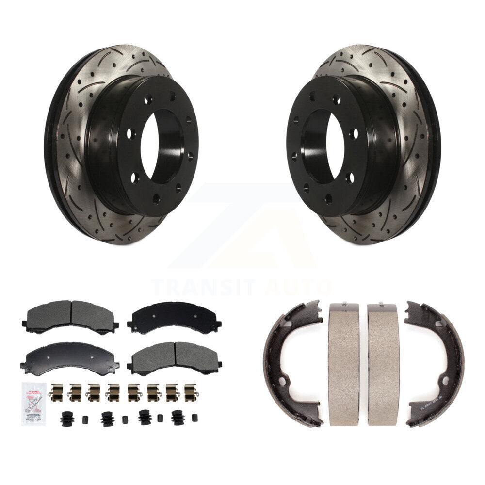 Rear Disc Drilled & Slotted Rotors Semi-Metallic Pads Parking Shoes Kit For GMC Savana KDA-103266