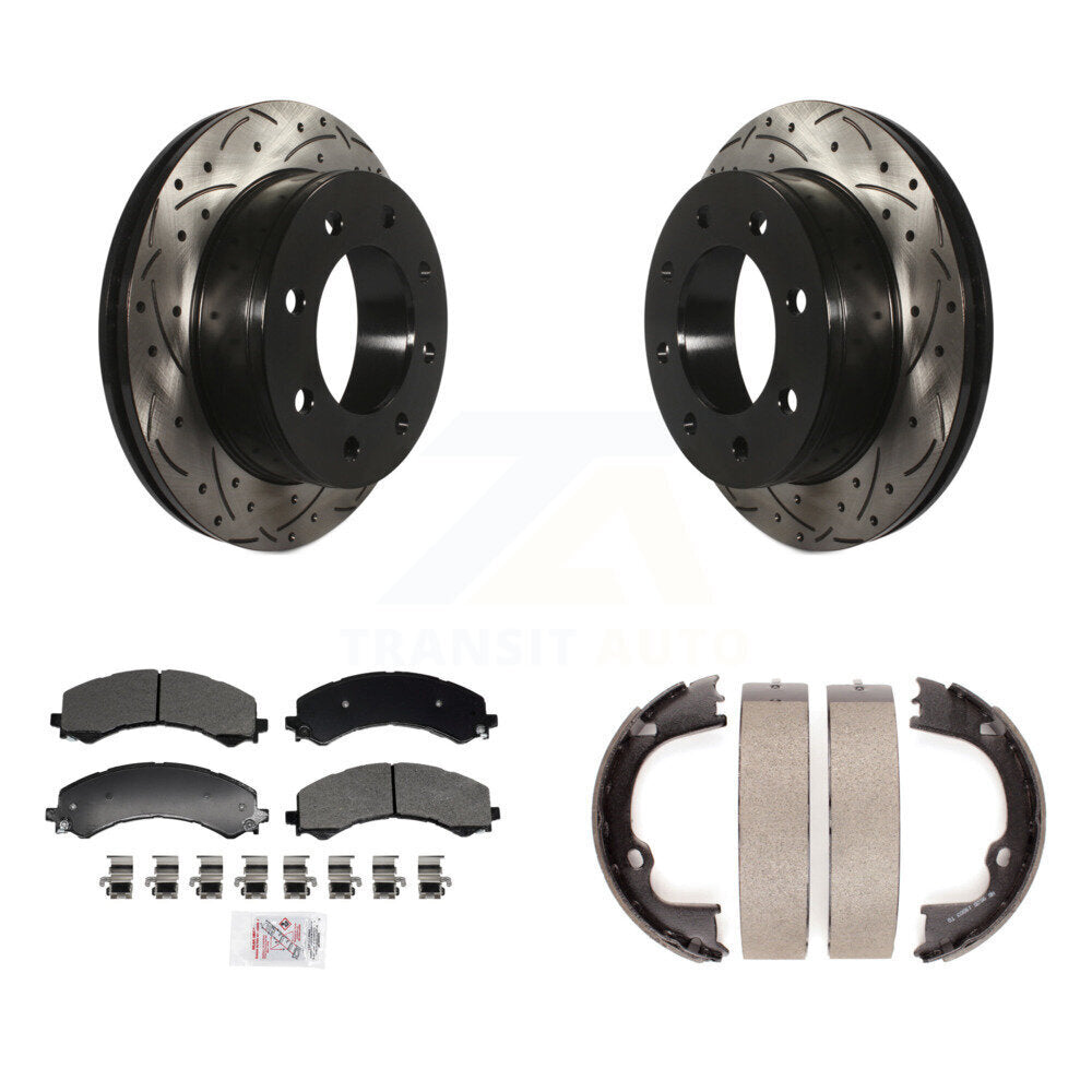 Rear Disc Drilled & Slotted Rotors Semi-Metallic Pads Parking Shoes Kit For GMC Savana KDA-103267