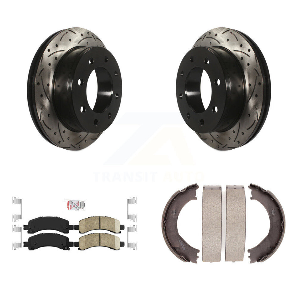 Rear Disc Drilled & Slotted Rotors Ceramic Pads Parking Shoes Kit For Chevrolet Express KDA-103268