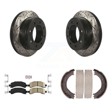 Rear Disc Drilled & Slotted Rotors Ceramic Pads Parking Shoes Kit For Chevrolet GMC 3500 KDA-103270