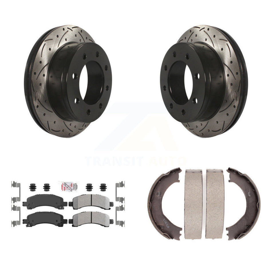 Rear Disc Drilled & Slotted Rotors Semi-Metallic Pads Parking Shoes Kit For Chevrolet GMC KDA-103271