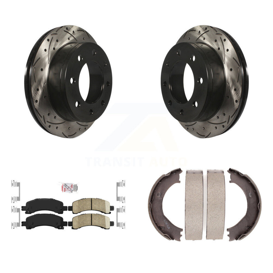 Rear Disc Drilled & Slotted Rotors Ceramic Pads Parking Shoes Kit For Chevrolet Express KDA-103272