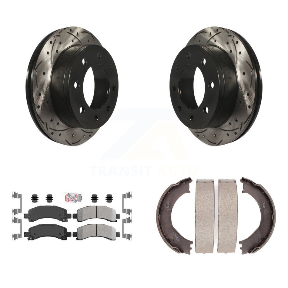 Rear Disc Drilled & Slotted Rotors Semi-Metallic Pads Parking Shoes Kit For Chevrolet GMC KDA-103273