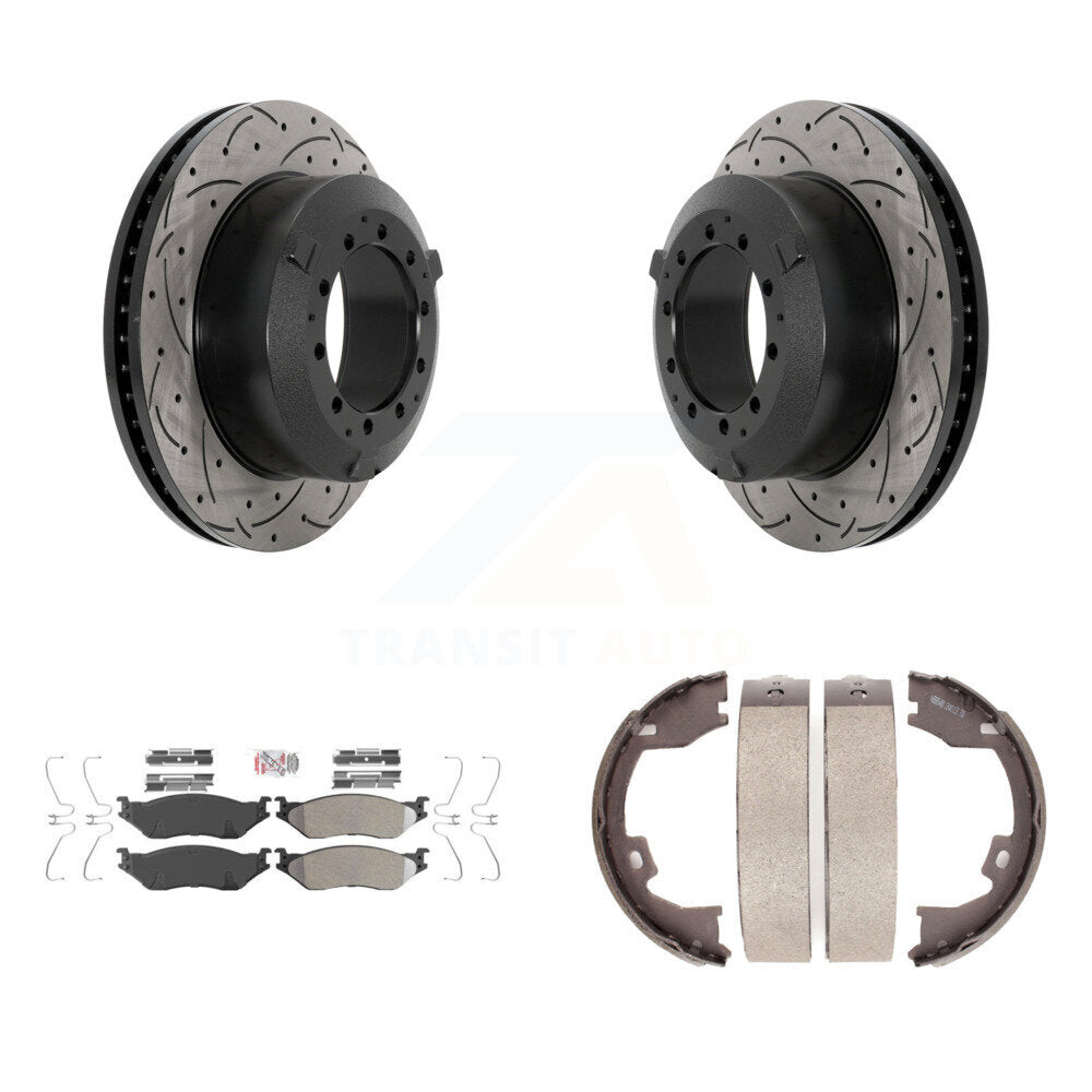 Rear Disc Drilled & Slotted Rotors Semi-Metallic Pads Parking Shoes Kit For Ford F-450 IC KDA-103280