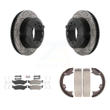 Rear Disc Drilled & Slotted Rotors Semi-Metallic Pads Parking Shoes Kit For Ford F-450 IC KDA-103280