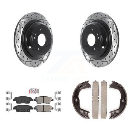 Rear Disc Drilled & Slotted Rotors Ceramic Pads And Parking Shoes Kit For Hyundai Genesis KDA-103281
