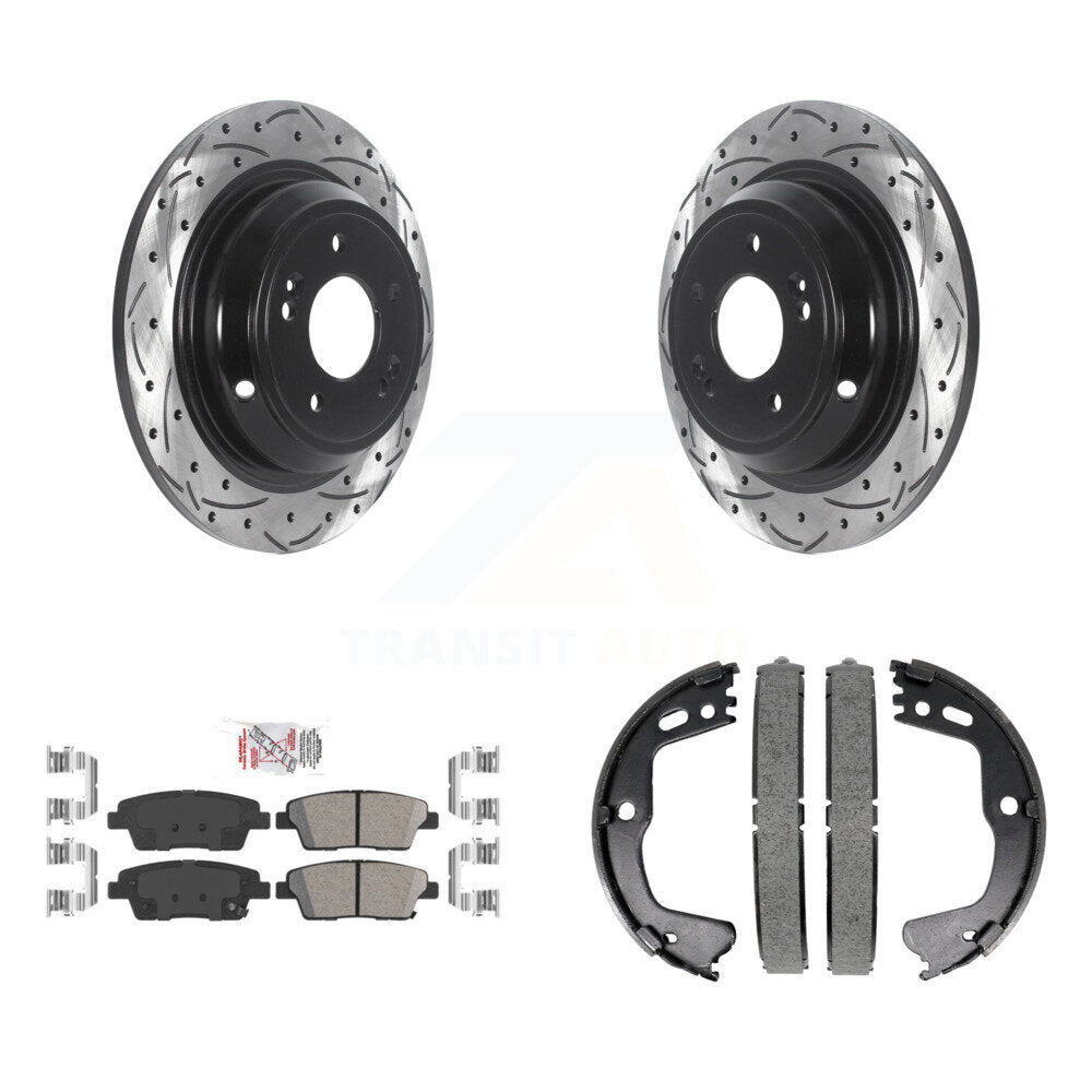 Rear Disc Drilled & Slotted Rotors Ceramic Pads Parking Shoes Kit For Hyundai Genesis G80 KDA-103282