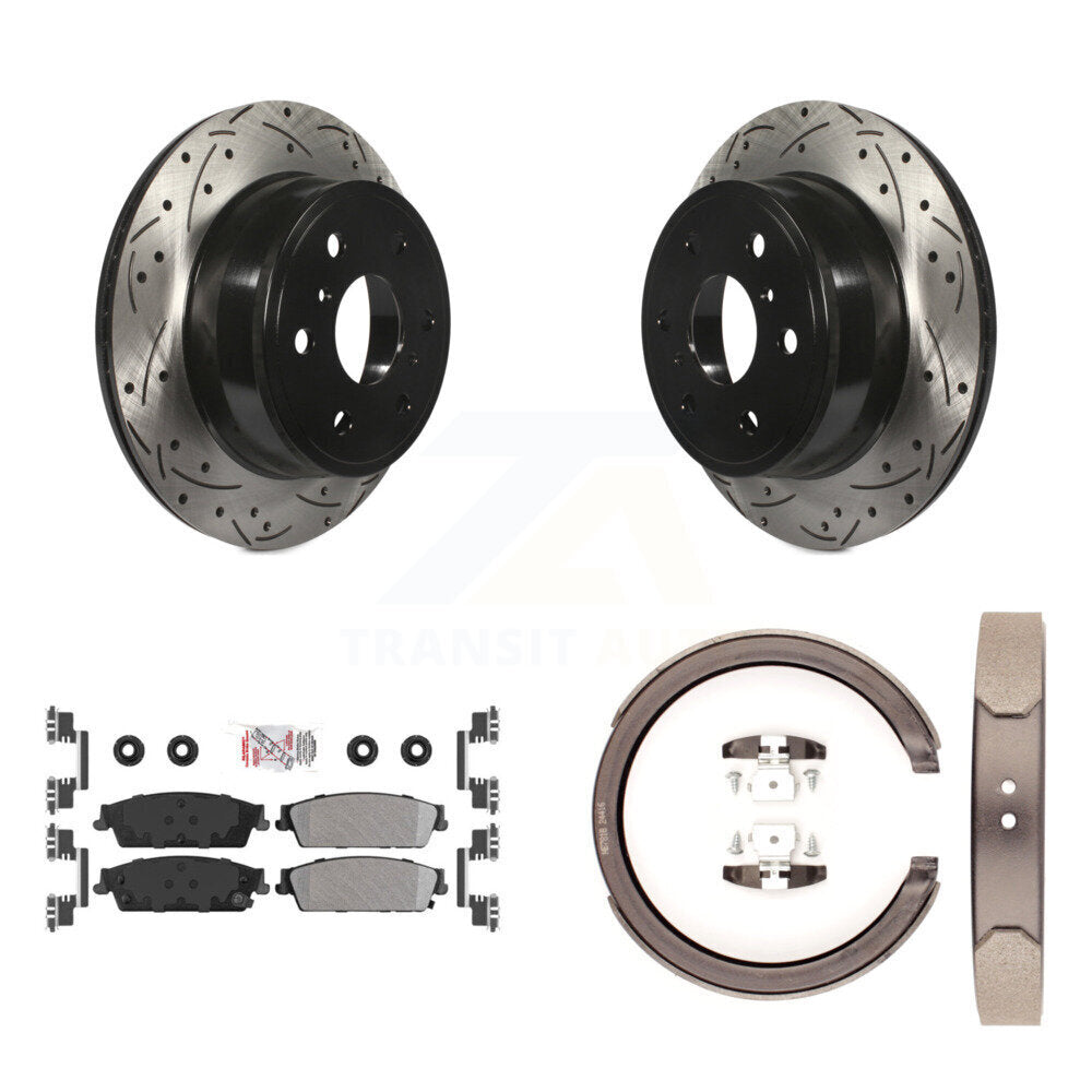 Rear Disc Drilled & Slotted Rotors Semi-Metallic Pads Parking Shoes Kit For Chevrolet GMC KDA-103285