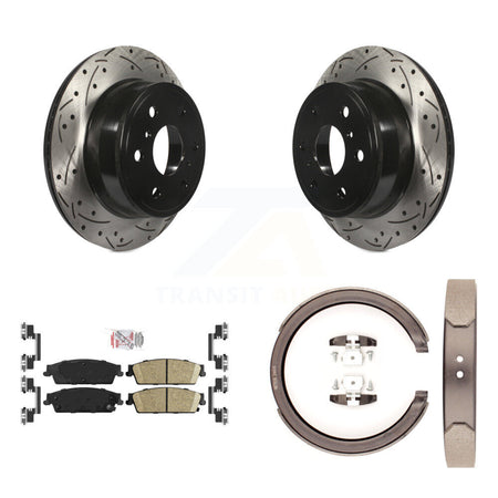 Rear Disc Drilled & Slotted Rotors Ceramic Pads Parking Shoes Kit For Chevrolet GMC 1500 KDA-103286