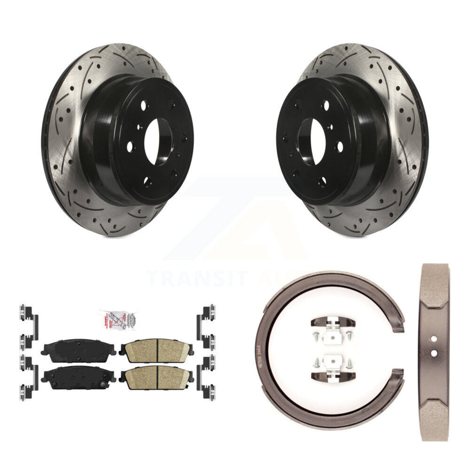 Rear Disc Drilled & Slotted Rotors Ceramic Pads Parking Shoes Kit For Chevrolet GMC 1500 KDA-103286