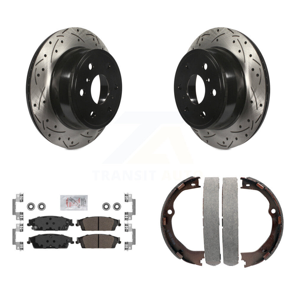 Rear Disc Drilled & Slotted Rotors Semi-Metallic Pads Parking Shoes Kit For GMC Chevrolet KDA-103287