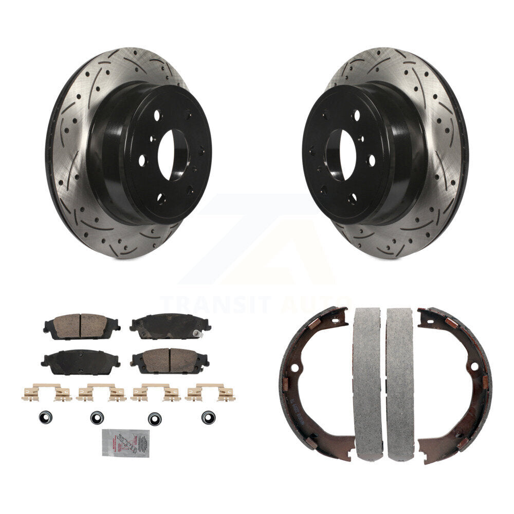 Rear Disc Drilled & Slotted Rotors Ceramic Pads Parking Shoes Kit For GMC Chevrolet 1500 KDA-103288