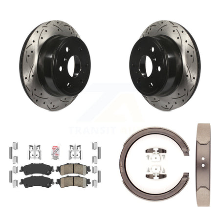 Rear Disc Drilled & Slotted Rotors Ceramic Pads And Parking Brake Shoes Kit For KDA-103290