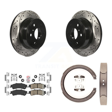 Rear Disc Drilled & Slotted Rotors Ceramic Pads And Parking Brake Shoes Kit For KDA-103292