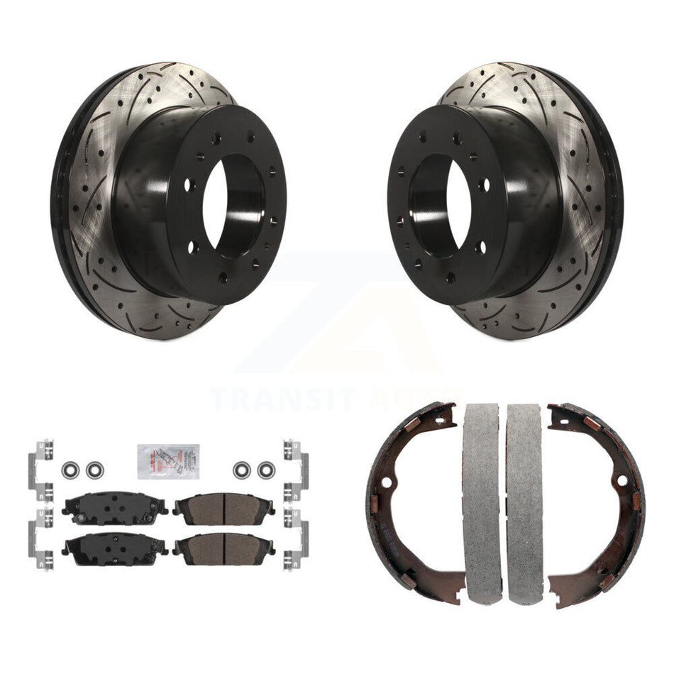 Rear Disc Drilled & Slotted Rotors Semi-Metallic Pads And Parking Brake Shoes Kit For KDA-103293