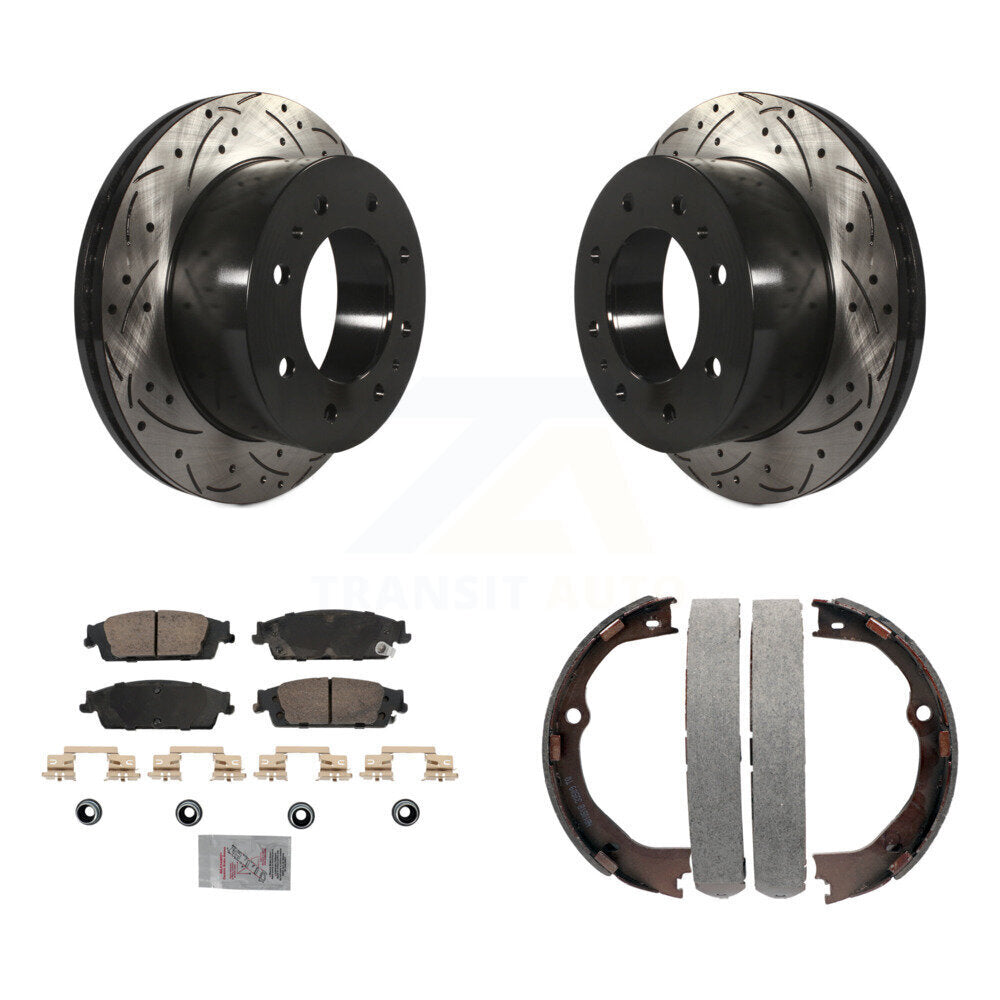 Rear Disc Drilled & Slotted Rotors Ceramic Pads Parking Shoes Kit For Chevrolet Suburban KDA-103294