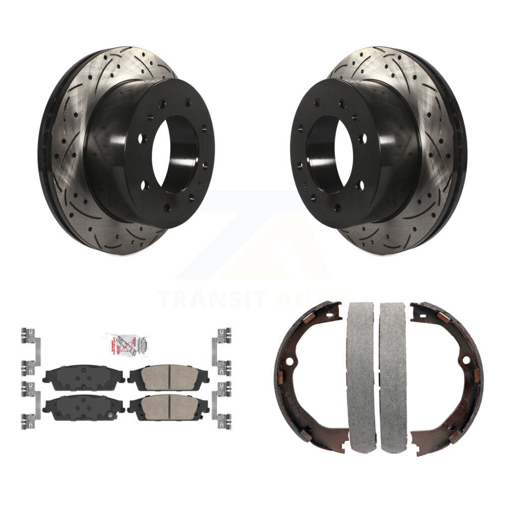Rear Disc Drilled & Slotted Rotors Ceramic Pads Parking Shoes Kit For Chevrolet Suburban KDA-103295
