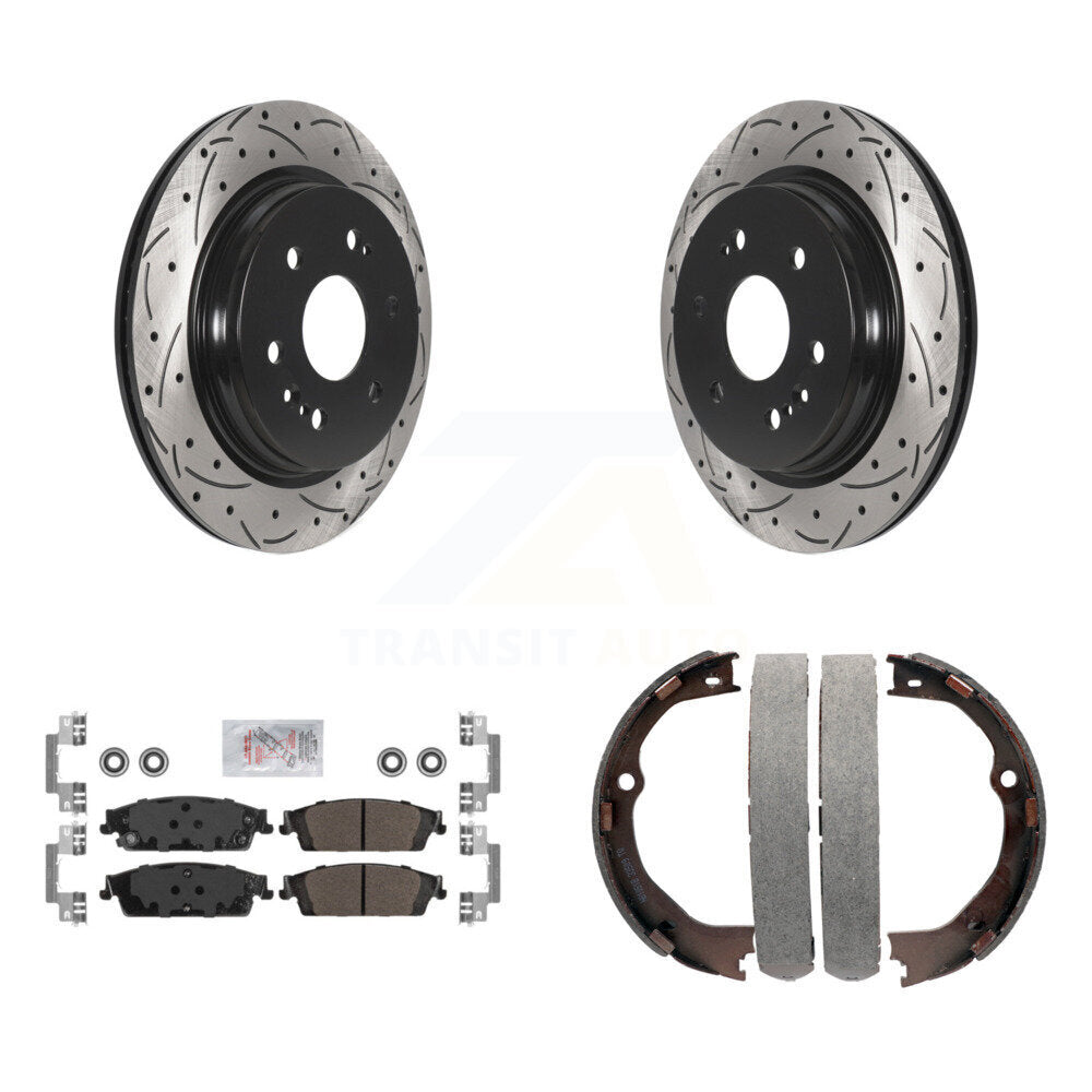 Rear Disc Drilled & Slotted Rotors Semi-Metallic Pads Parking Shoes Kit For Chevrolet LD KDA-103296