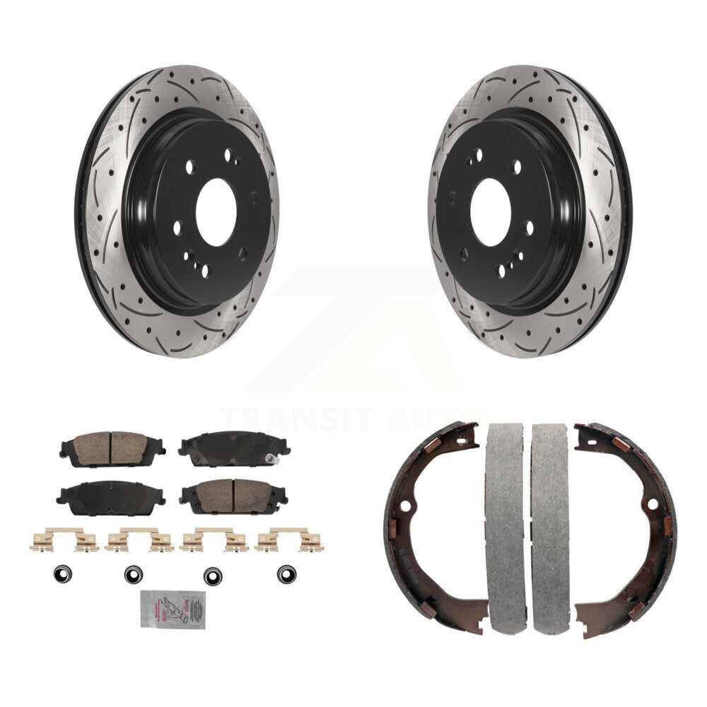 Rear Disc Drilled & Slotted Rotors Ceramic Pads Parking Shoes Kit For Chevrolet Silverado KDA-103297