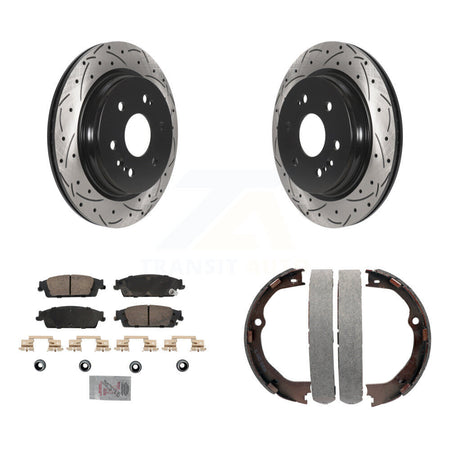 Rear Disc Drilled & Slotted Rotors Ceramic Pads Parking Shoes Kit For Chevrolet Silverado KDA-103297