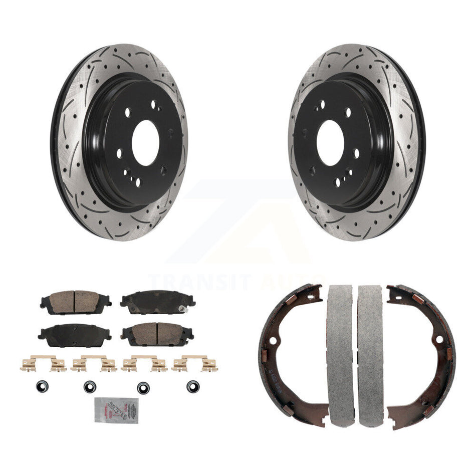 Rear Disc Drilled & Slotted Rotors Ceramic Pads Parking Shoes Kit For Chevrolet Silverado KDA-103297