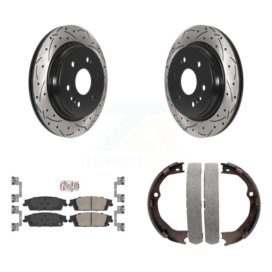 Rear Disc Drilled & Slotted Rotors Ceramic Pads Parking Shoes Kit For Chevrolet Silverado KDA-103298