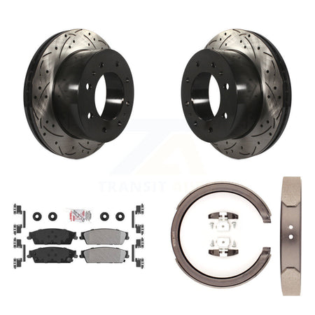Rear Disc Drilled & Slotted Rotors Semi-Metallic Pads And Parking Brake Shoes Kit For KDA-103299