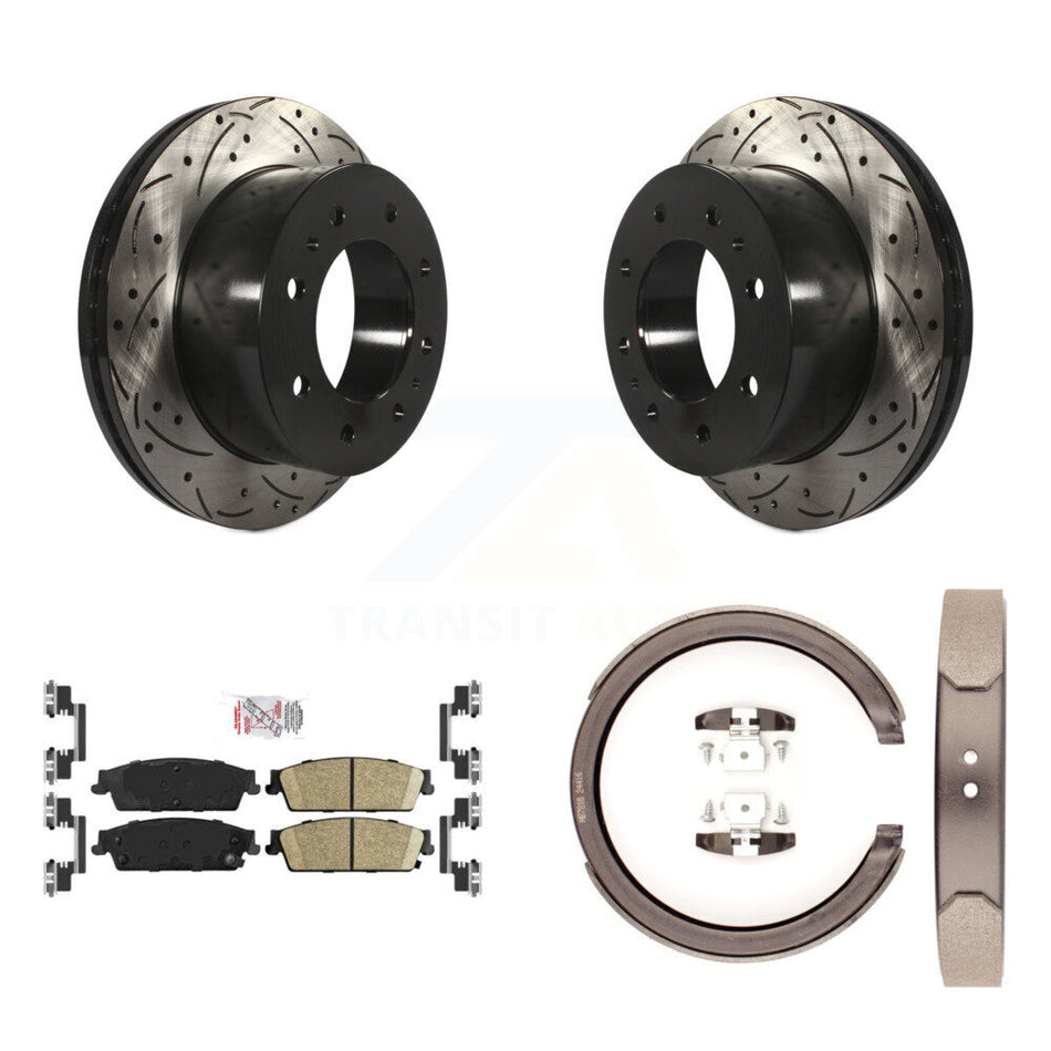 Rear Disc Drilled & Slotted Rotors Ceramic Pads And Parking Brake Shoes Kit For KDA-103300