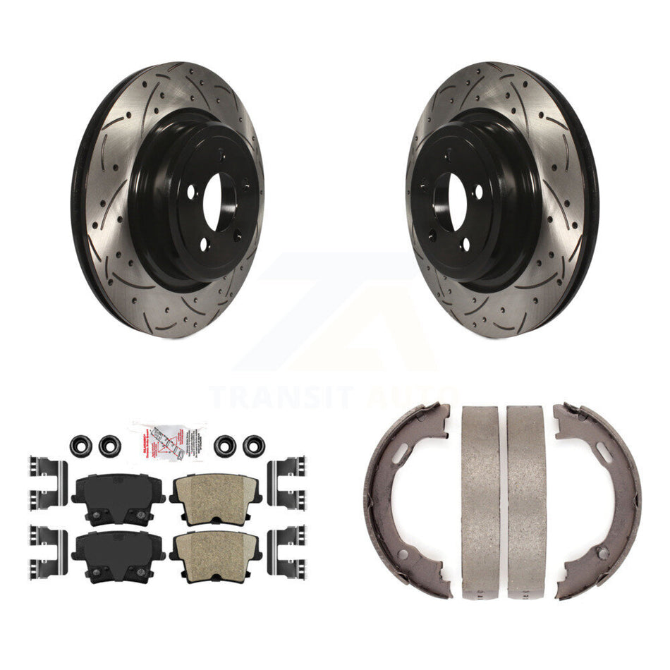 Rear Disc Drilled & Slotted Rotors Ceramic Pads Parking Brake Shoes Kit For Dodge Charger KDA-103301